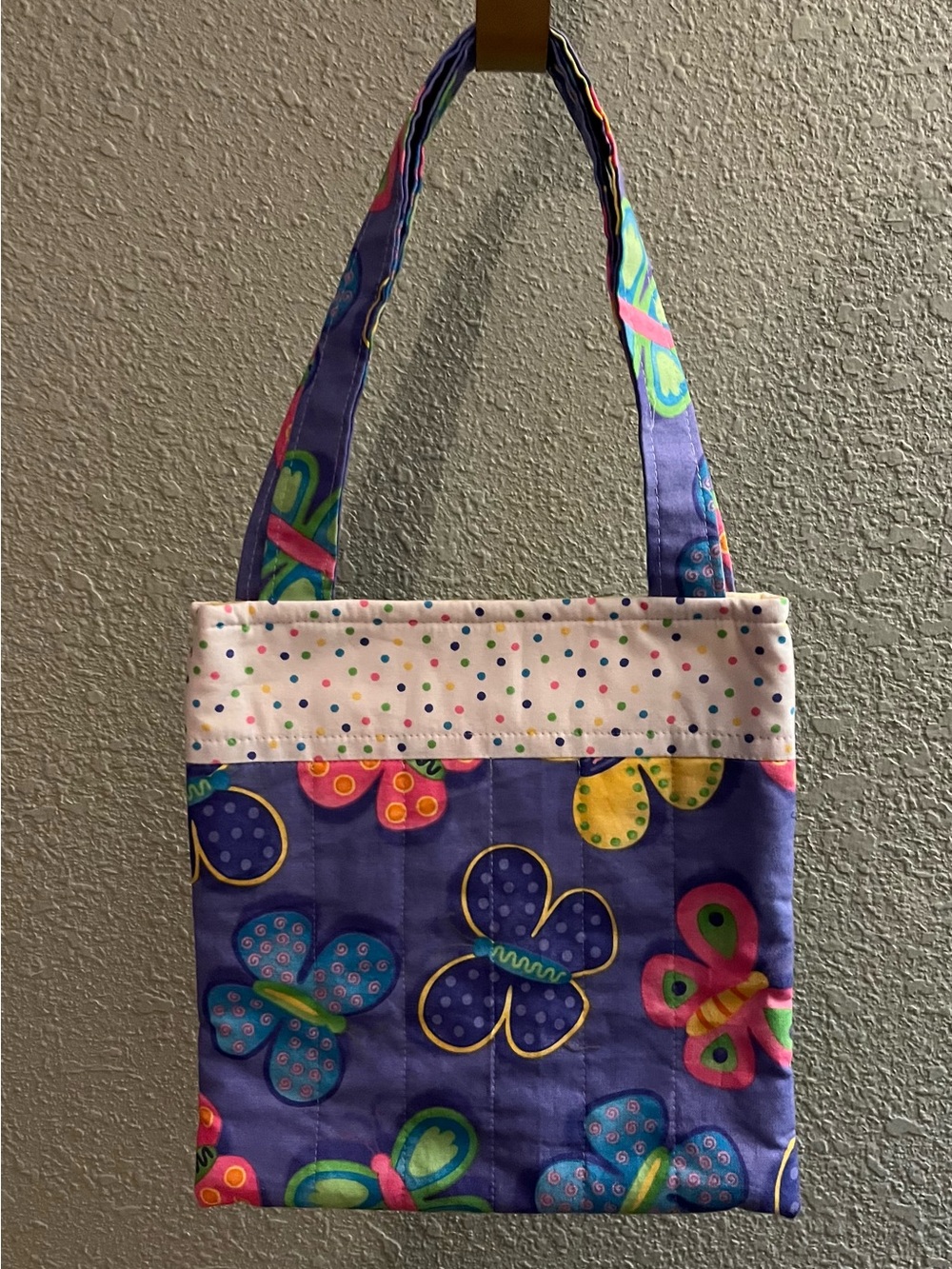 Kids Quilted Purple Butterfly Tote Bag with Polka Dot Trim